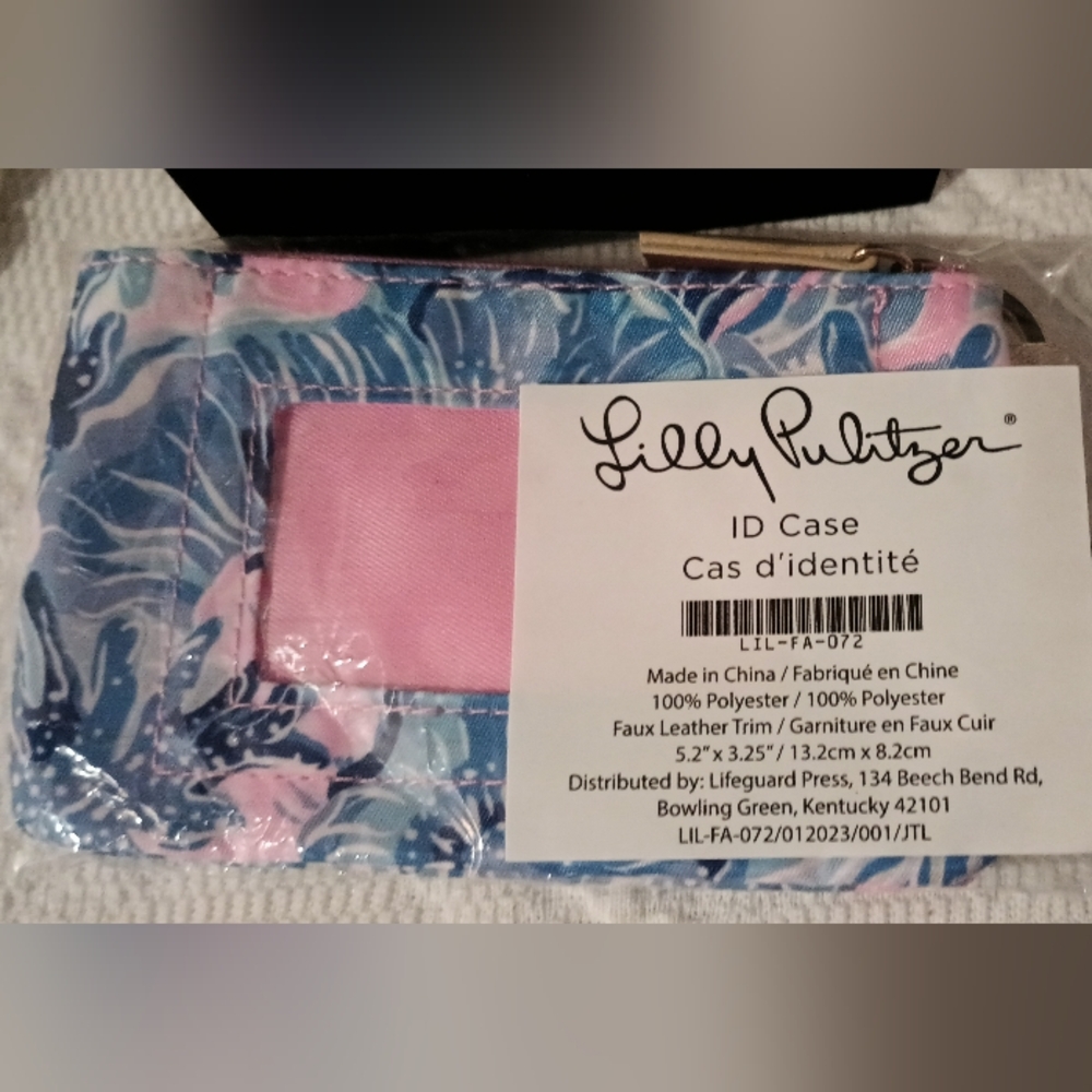 NEW Lilly Pulitzer ID Case Shade Seekers Coin Purse Keychain Gold Trim Pink Blue - Picture 7 of 15